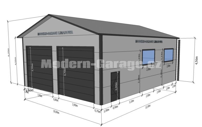 Nákres modulové haly přední a boční pohled s rozměry